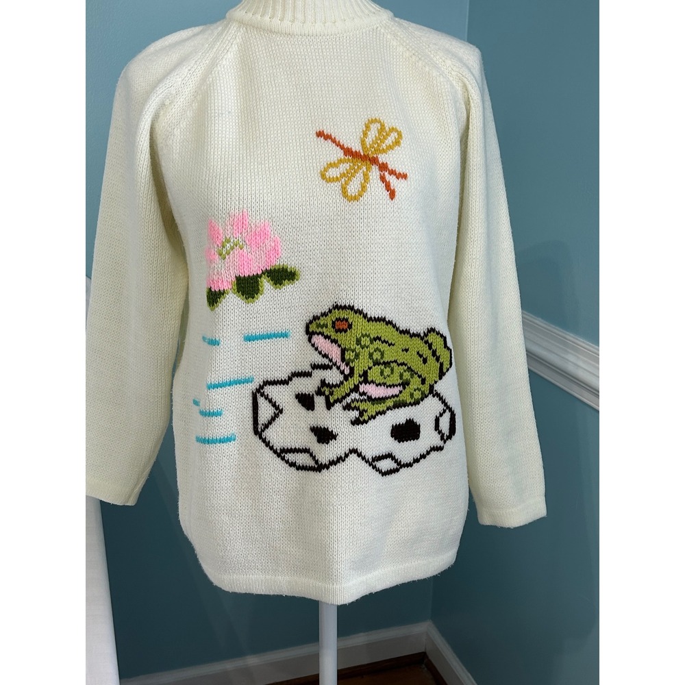 Vintage Sears Frog Dragonfly Water Lily Knit Sweater Mock Neck Cream White